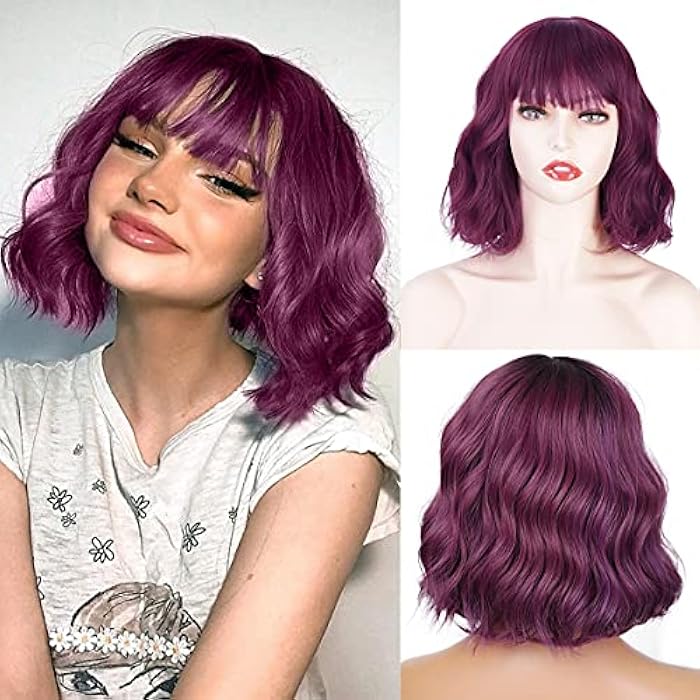 DILLARDS Longbest Short Light Brown Wave Wigs For Women Nature Wave Bob Wig With Bangs Heat Resistant Wig Extensions Cosplay&Charming Daily Use 12Inch Breathable (12Inch:Purple) - Image 5